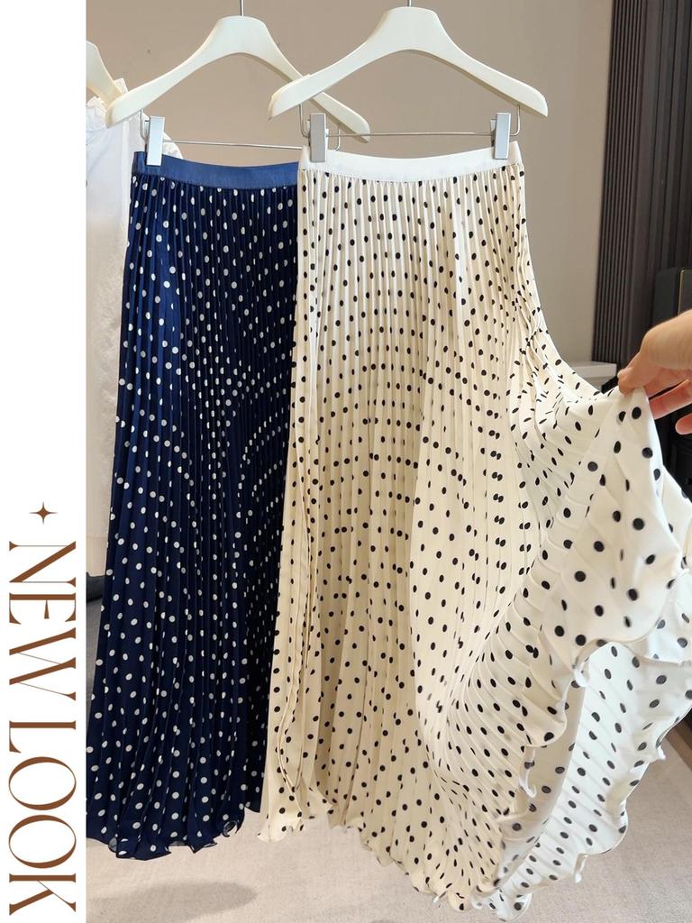 New Summer French Polka Dot High-Waist Pleated A-line Midi Skirt for Women
