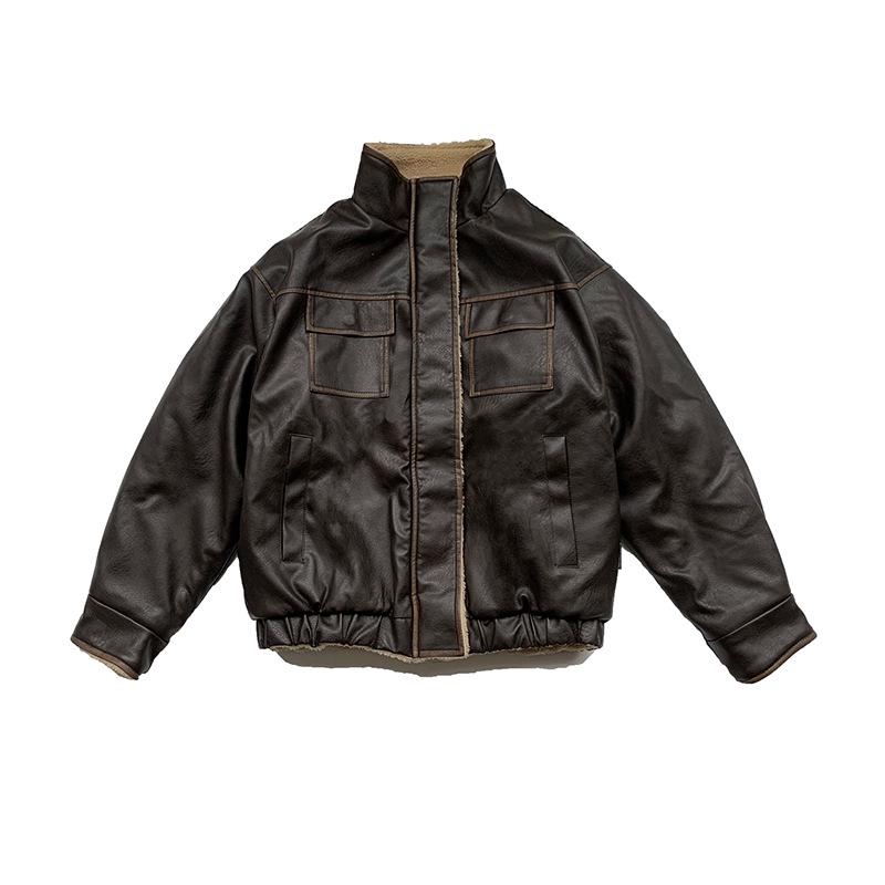 Unisex Japanese Retro Lambswool Leather Jacket for Autumn and Winter