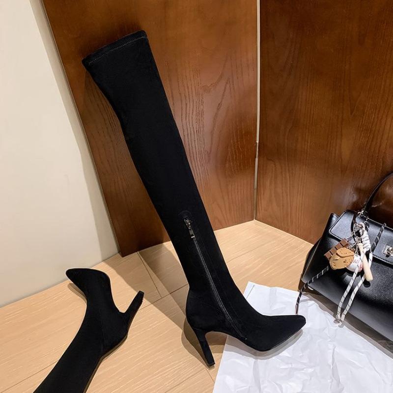 Autumn and Winter Over-the-knee Women's Boots European and American Large-size Shoes Pointed-toed Square-heeled Over-the-knee Boots Black Medium-heele
