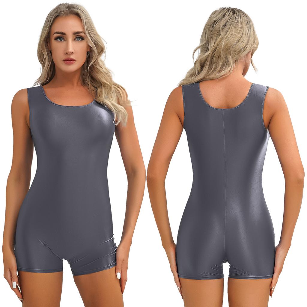 Damen-Overall, glänzend, ärmellos, kurz, einfarbig, dehnbar, U-Ausschnitt, Bodysuit, Badeanzüge