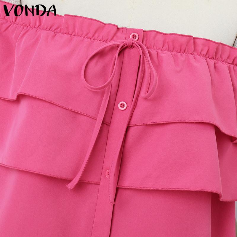 VONDA Dámské letní šaty s odhalenými rameny, jednobarevné, s volánky, s krátkým rukávem, áčkového střihu