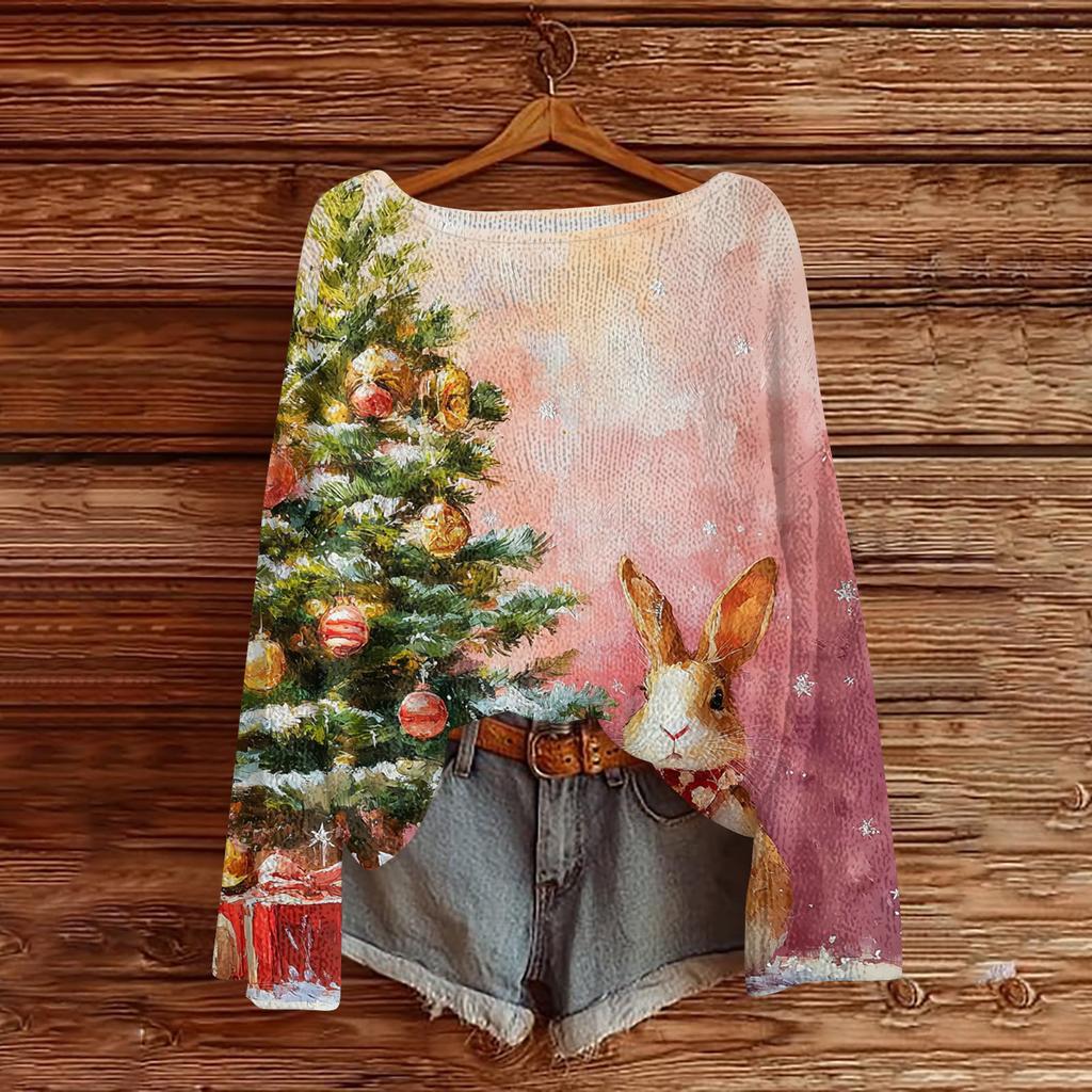 Women's Casual Fashion Round Neck Top Christmas Print Long Sleeve Knit Pullover