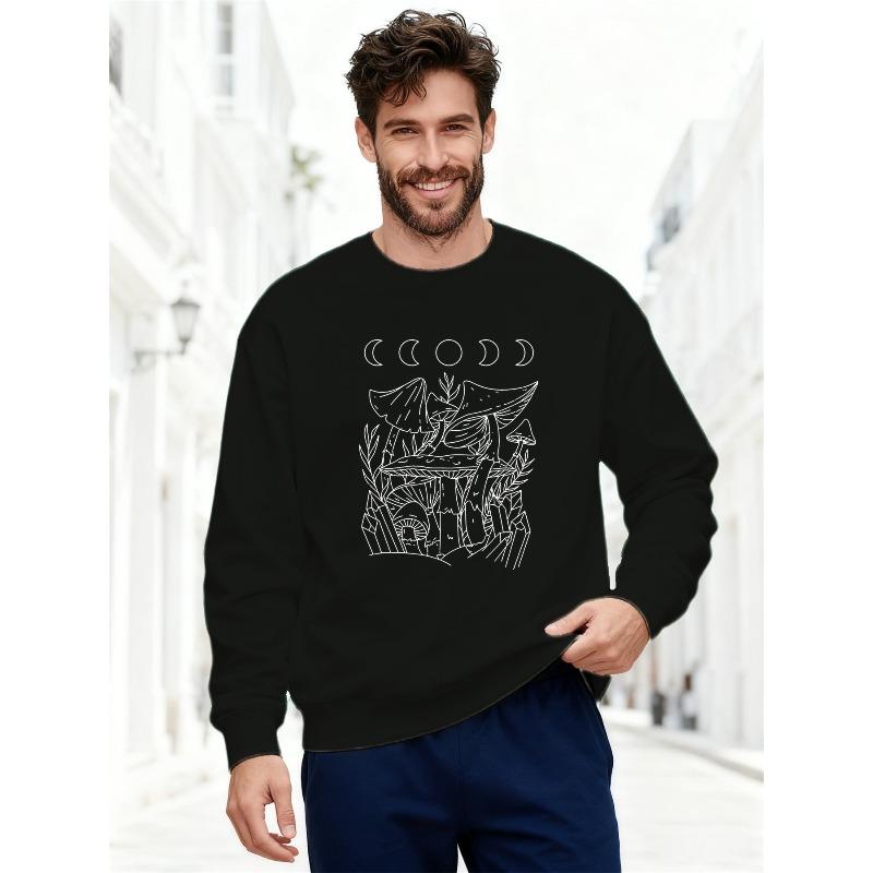 Men's Mushroom Pattern Casual Crewneck Sweatshirt Under Moonlight, Plus Size.