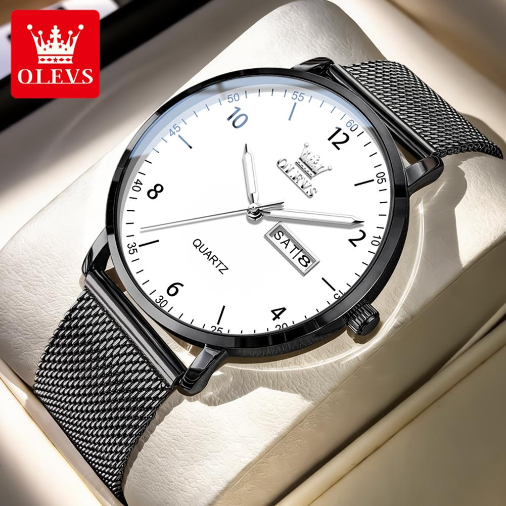OLEVS Original Quartz Watches for Men Minimalist Mesh Steel Strap Men's Watches Dual Calendar Waterproof Luminous Man Watch 2996