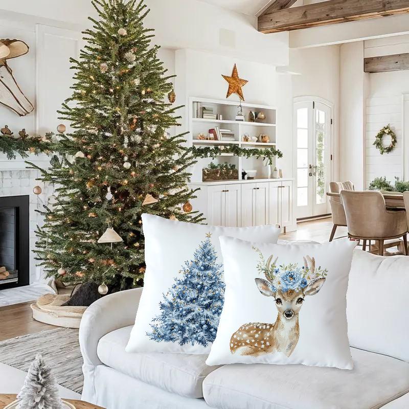 Christmas Cushion Cover Blue Snowflake Reindeer Design Festive Decorative Pillow Case Holiday Sofa Bed Home Decor Pillowcase