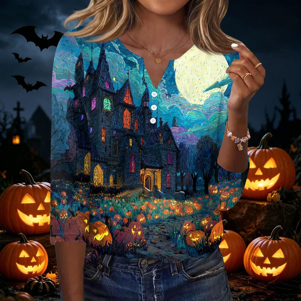 Women's Casual Halloween Print V Neck Button Front Three Quarter Sleeve T Shirt Top Lightweight Comfortable Fall Shirt