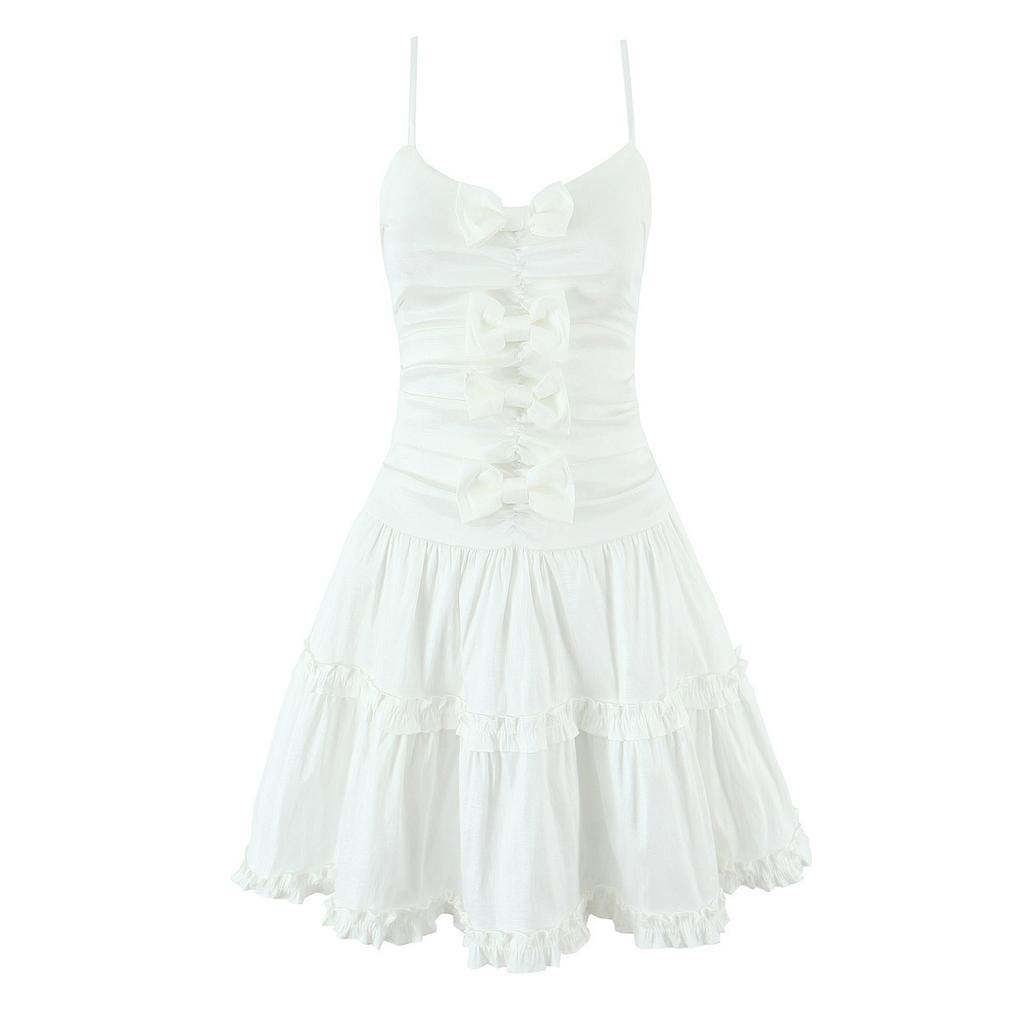 French Sweet White Bow Layered Slim Mini Dress Women's Summer Pure Desire Suspender Fluffy Short Skirt