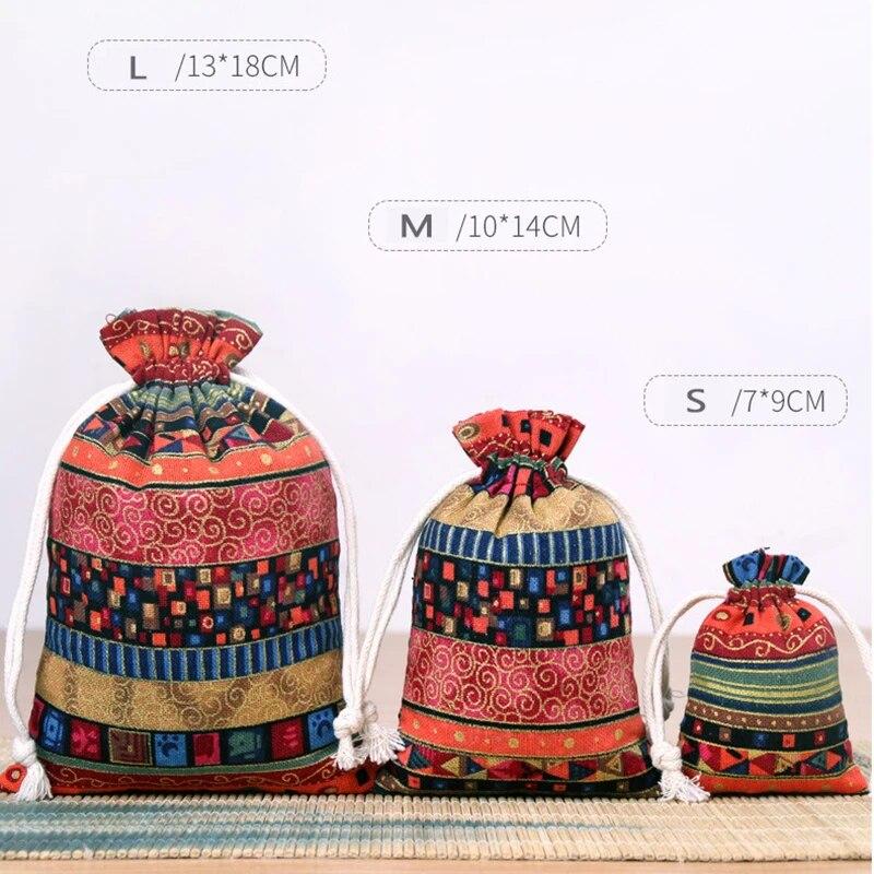 11pcs Ethnic Style Jewelry Bags Drawstring Pouch Candy Snack Gift Bag Retro Bracelet Jewelry Packaging Storage Bags
