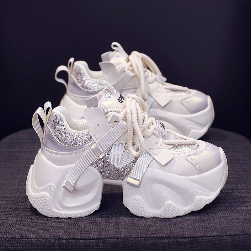 

Модные весенне-осенние кроссовки 8 см, женские спортивные туфли на массивной платформе со шнуровкой для папы, женская удобная повседневная обувь 37 бежевый