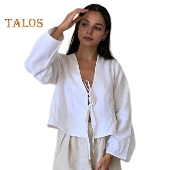 

Женская рубашка с v-образным вырезом и длинным рукавом, свободная посадка, однотонная рубашка, топы, летний кардиган на шнуровке с бантом, рубашка с завязкой на галстуке, топ S белый