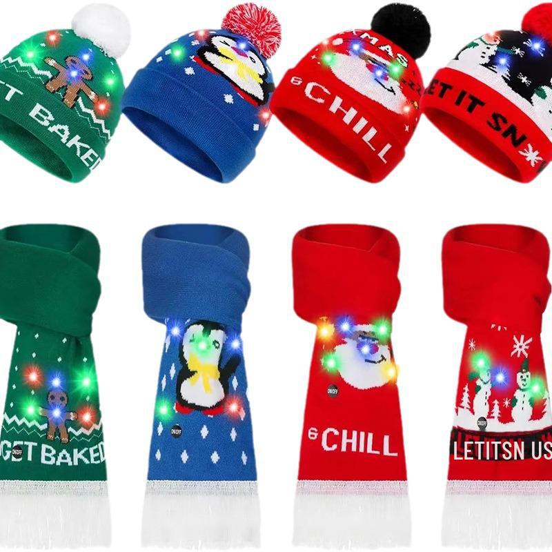 LED Light-Up Elk Jacquard Knit Hat & Scarf Set for Christmas & New Year.