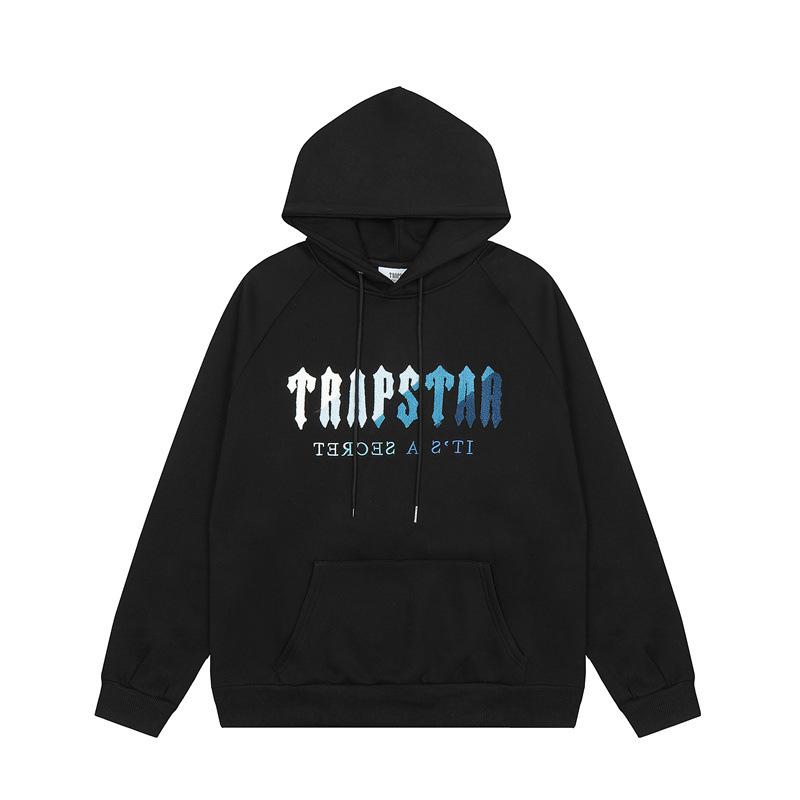 European and American Trendy Brand White and Blue Gradient Towel Embroidery for Men and Women, Couple Loose Casual Hooded Sweatshirt