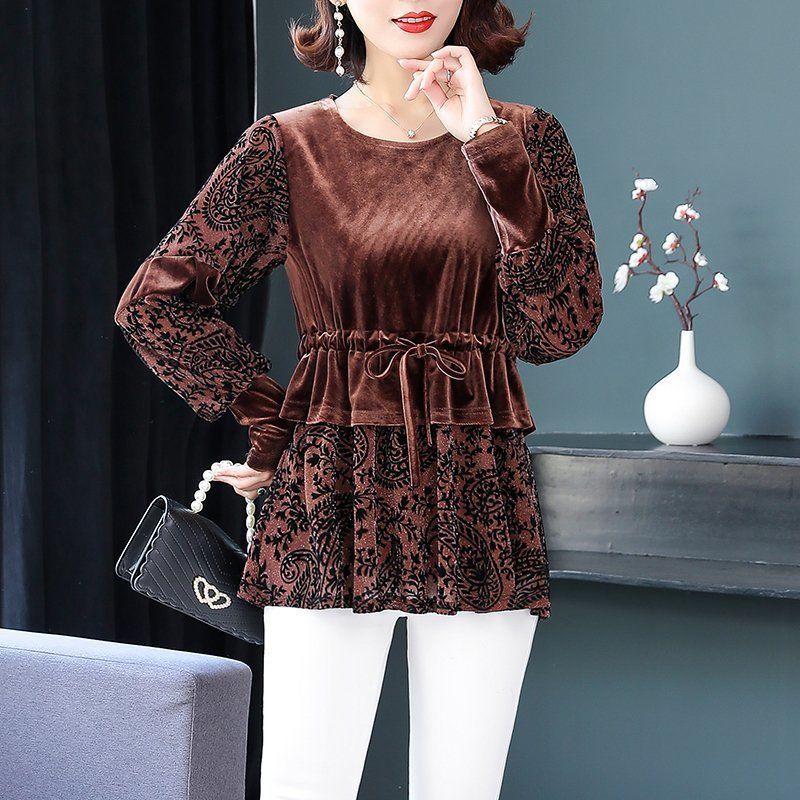 Vintage Elegant Flocking Lantern Sleeve T-shirt Spring New Women's Shirring Lace Up Fashion Spliced Solid Color Tops