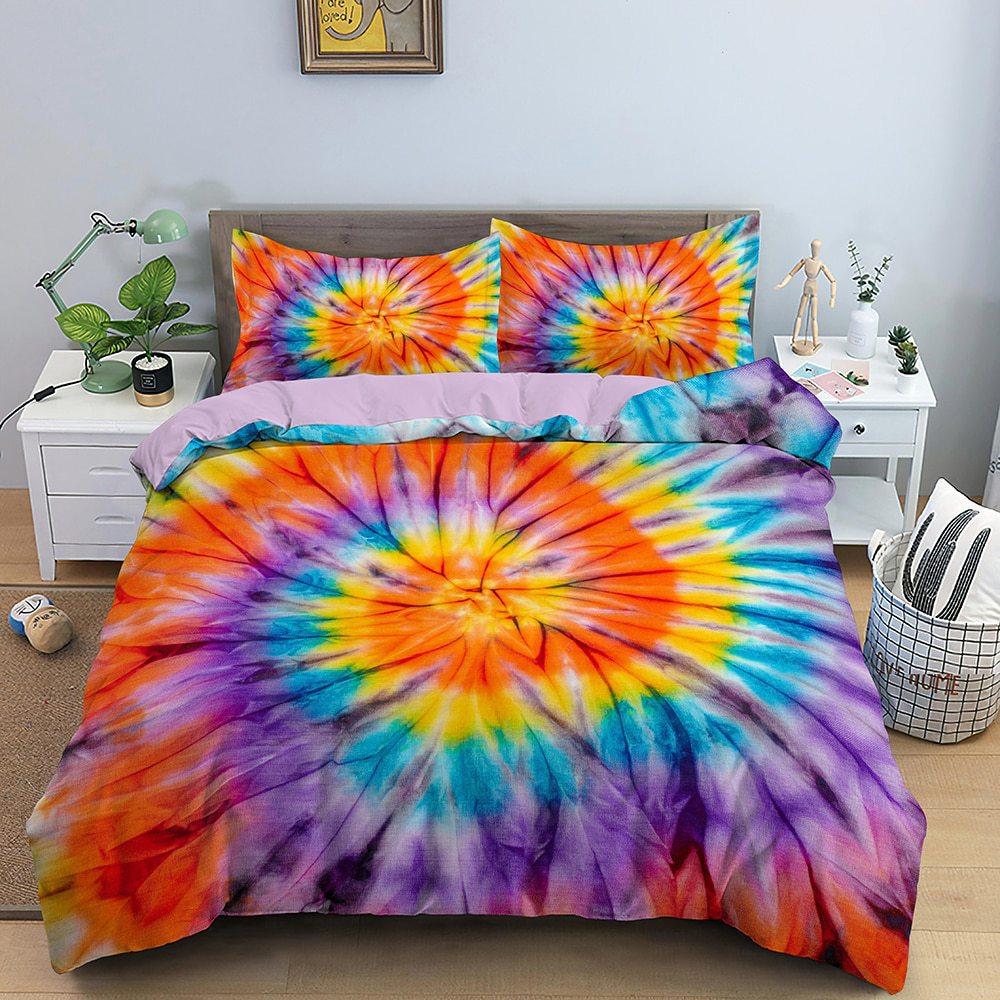Three-Piece 3D Digital Printing Rainbow Color Striped Quilt Set Three-Piece Bedding