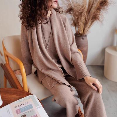 Ensemble pull-pantalon tricoté ample de couleur unie pour femme automne et hiver