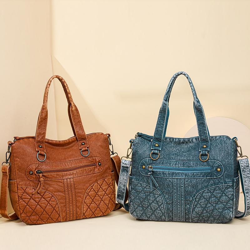 Håndveske med stor kapasitet Mykt skinn Multifunksjonell totebag Vintage dame skulderveske