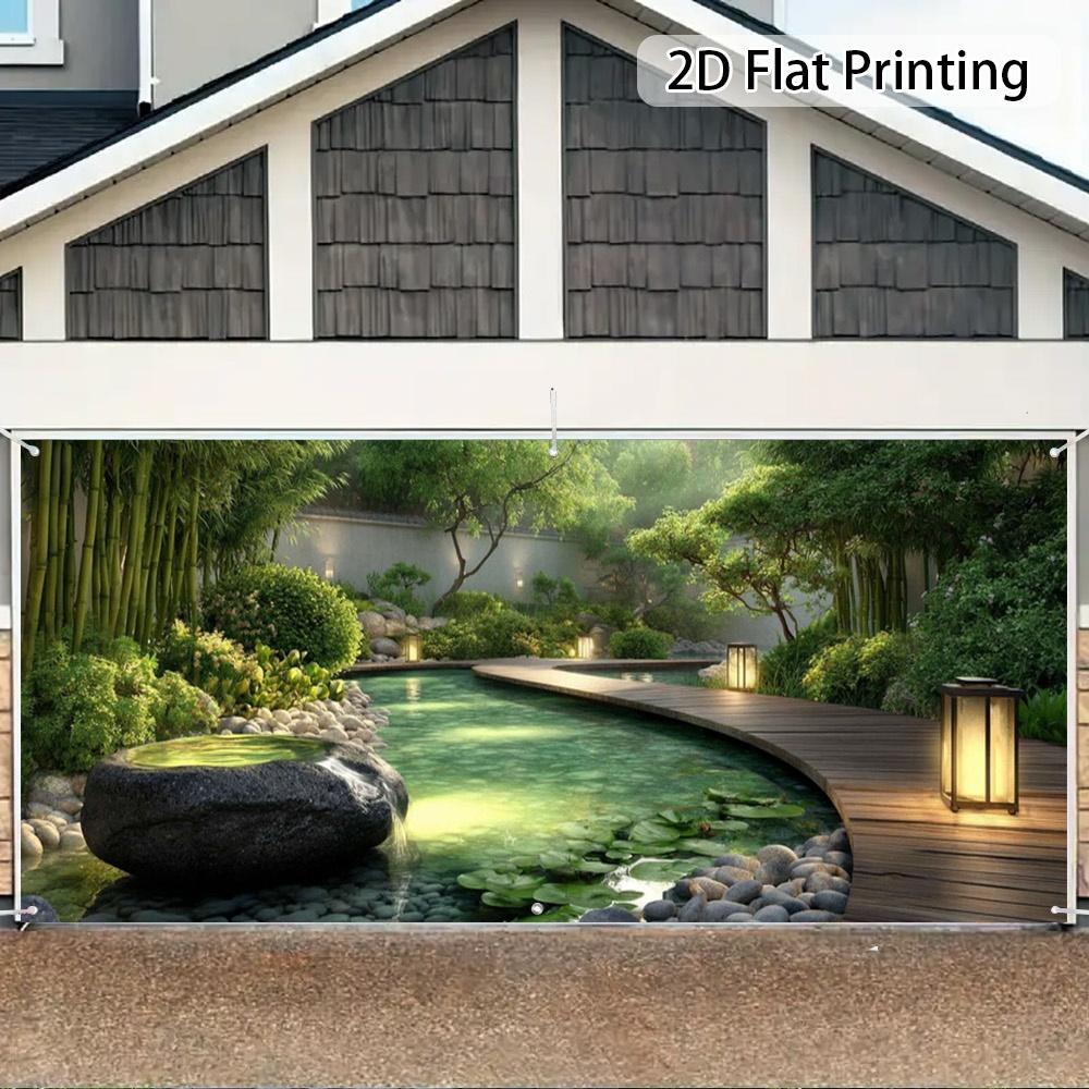 2D Planar Sheet 1 Piece. Cactus Garden Water Pool Garage Door Fabric Suitable for Backyard Terrace Decoration and Wedding.