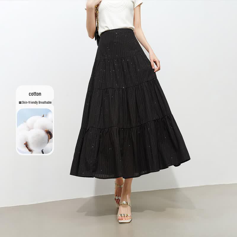 Cotton Glitter Tiered A-Line Midi Skirt S