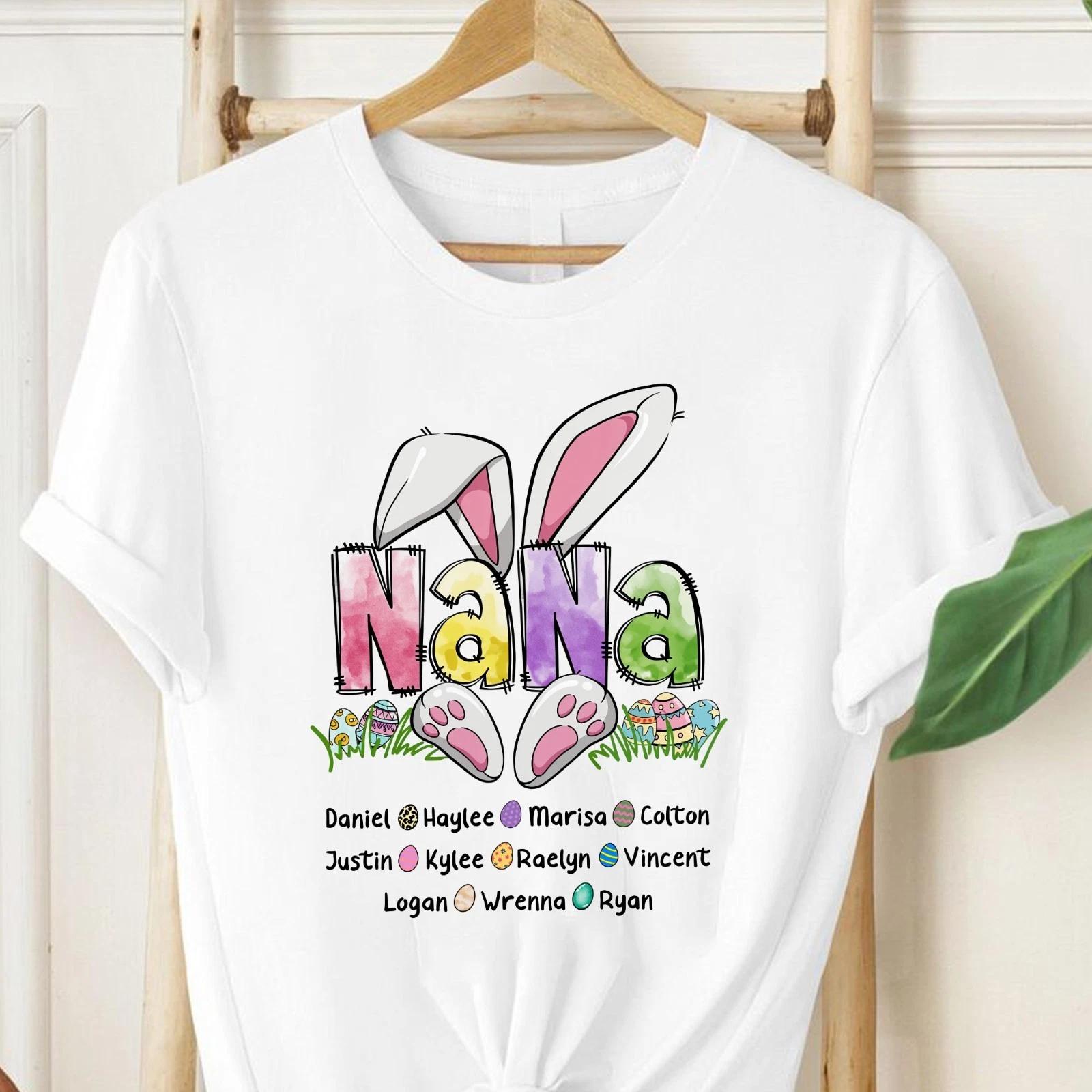 

Custom Nana Bunny T-shirt for Easter Day, Custom Grandkids Names Tee for Grandma M