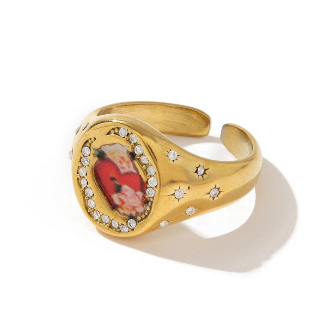 Titanium Steel Fashion Light Luxury Painted Seal Statement Ring Butterfly Love Rabbit Flower Personality Design Sense 18K