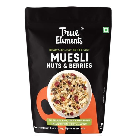 True Elements Crunchy Nuts & Berries Muesli, Almonds& Cranberries 1kg - Muesli Nuts Delight - 30% Berries | Protein Muesli| Healthy Breakfast
