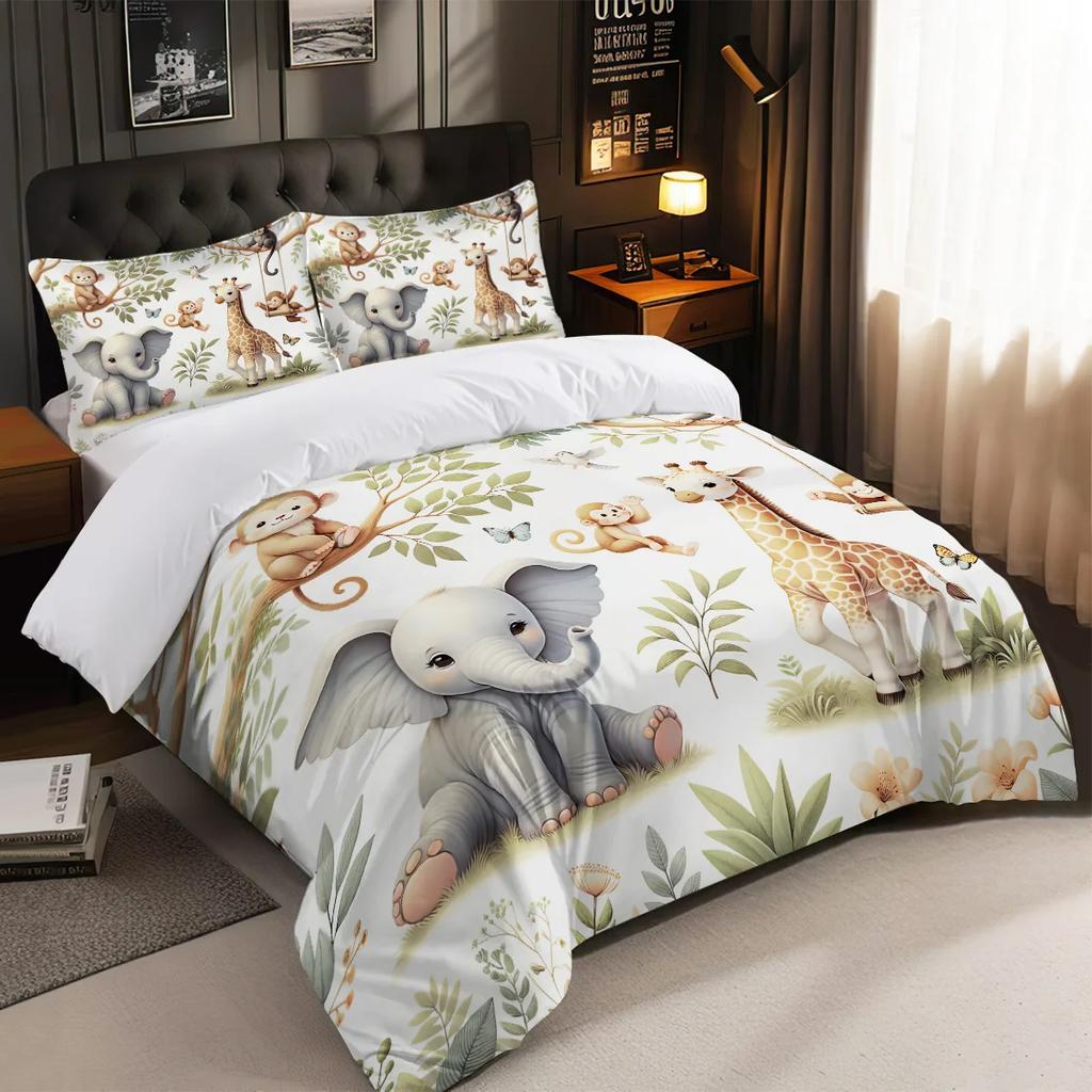 3pcs Duvet Cover Set King Size,Cartoon Zoo Pattern Print, 1 * Duvet Cover+2 pillowcases-Bedding Set for Bedroom,Hotel