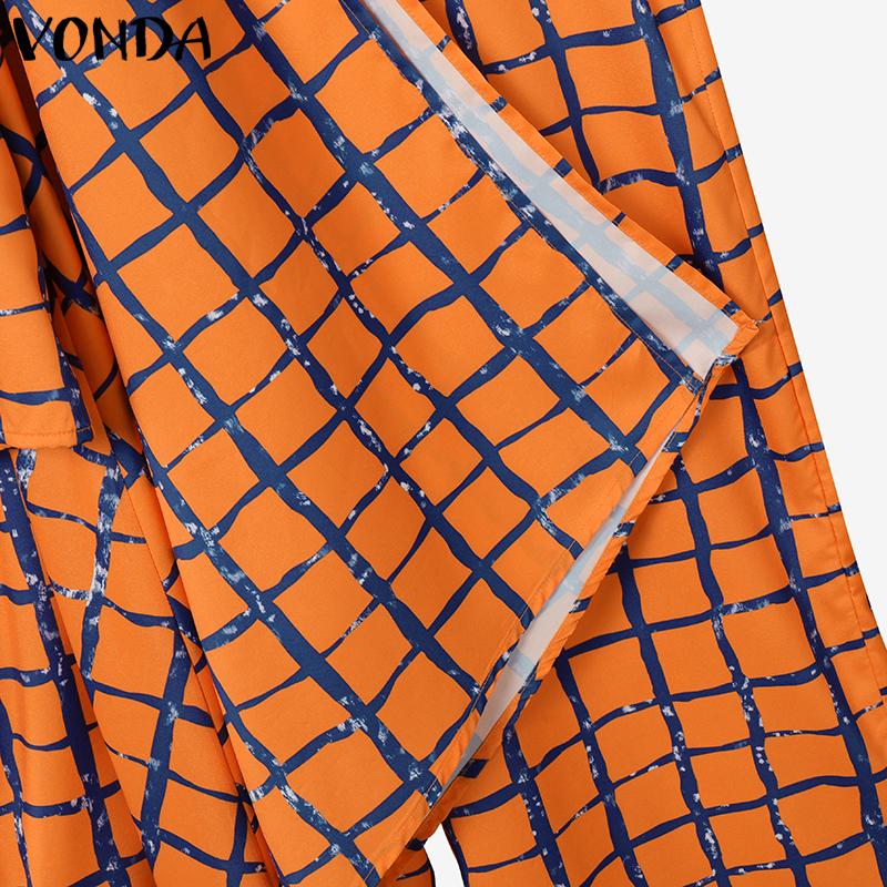 VONDA Women Outfits Plaid Print Long Flare Sleeve Blouse and Wide Leg Pants Casual Two Piece Suit