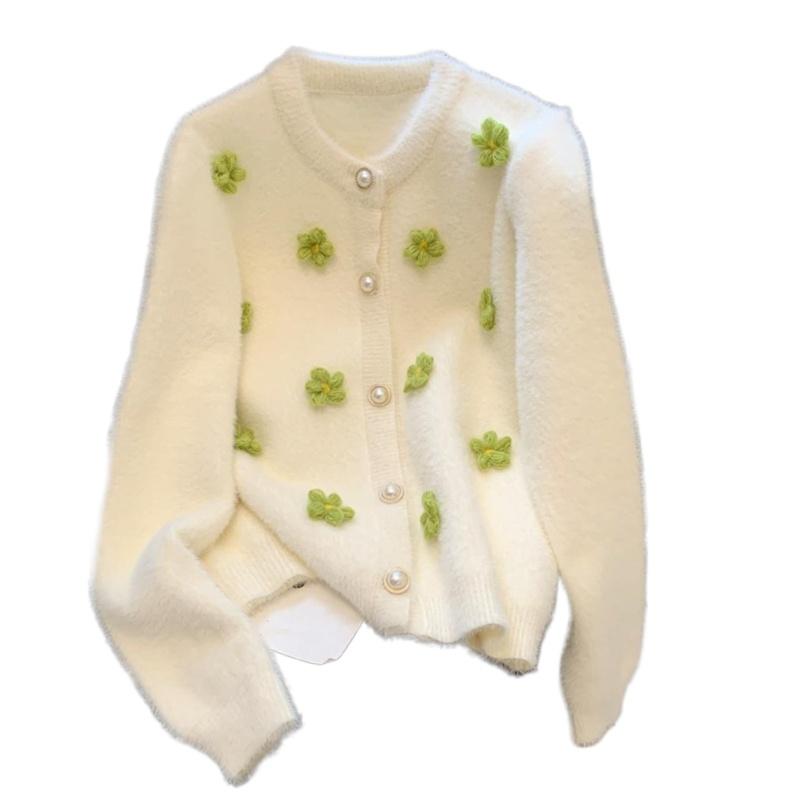 3D Flower Women's Sweater Round Collar Solid Color Half Pearl Button Long Sleeved Cardigan Autumn New Version Loose Casual Female Top
