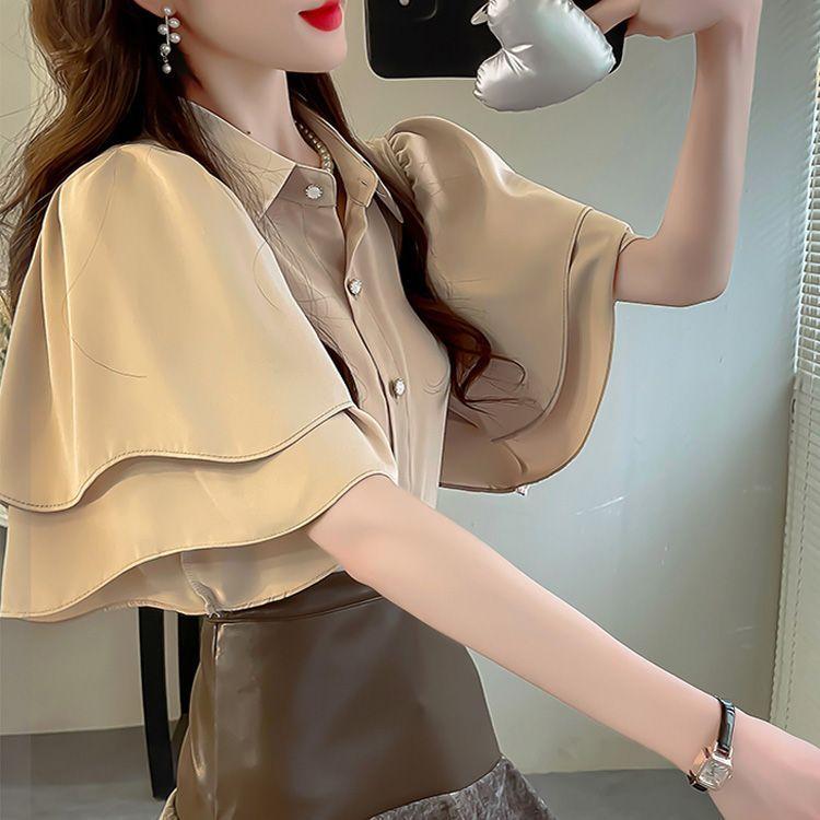 French Lady's Summer Loose Shirt Women's Loose Blouse Solid Color Fairy Style Ruffle Short Sleeve Chiffon Top