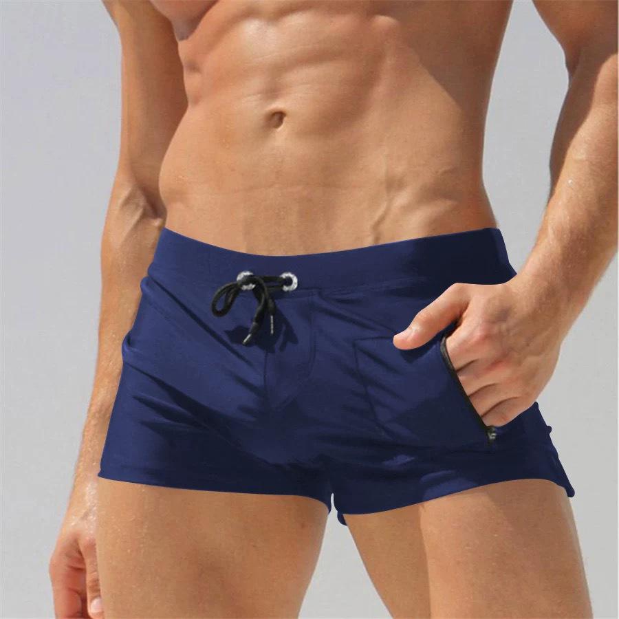 Hot-Selling New Style Men's Quick-Drying Square Leg Swim Trunks with Side Pocket