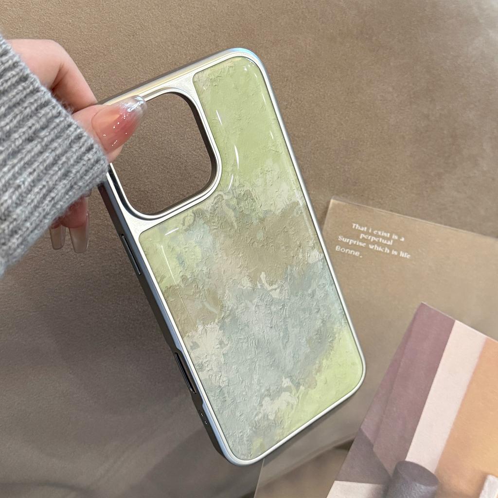 Spring Fresh Green Mixed Oil Painting Texture Smudge Sliver Edge Protective Case for iPhone 11 12 13 14 15 16 17 Pro Max Plus XR