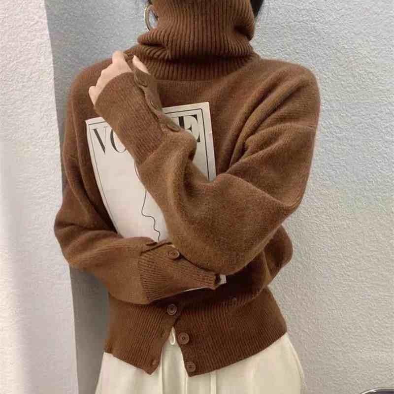 Autumn Winter New Turtleneck Long Sleeve Pullover Sweater for Women Elegant 2025 Fashion Loose Hem Button Sweaters Office Casual Knit Top Clothing