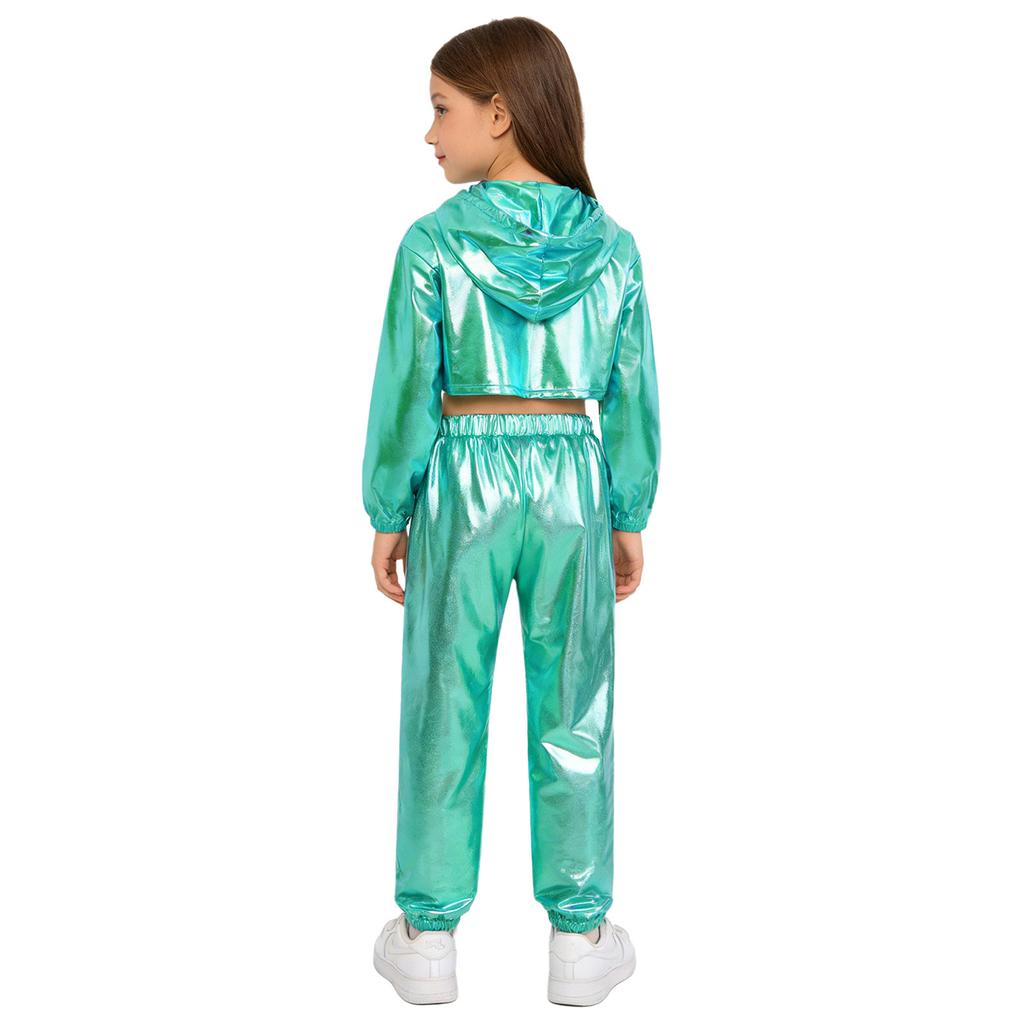 Girls Hip Hop Jazz Dance Costume 3 Piece Set Metallic Cropped Hoodie Sleeveless Keyhole Back Vest Pants