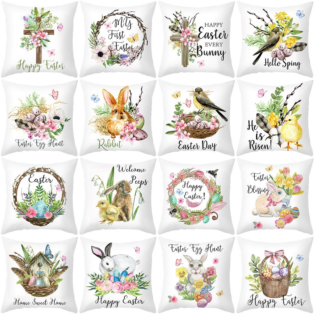 

New Watercolor Easter Pillowcase Festive Rabbit Flowers Peach Leather Velvet Home Pillow Cushion Cover 45 * 45Cm without pillow core