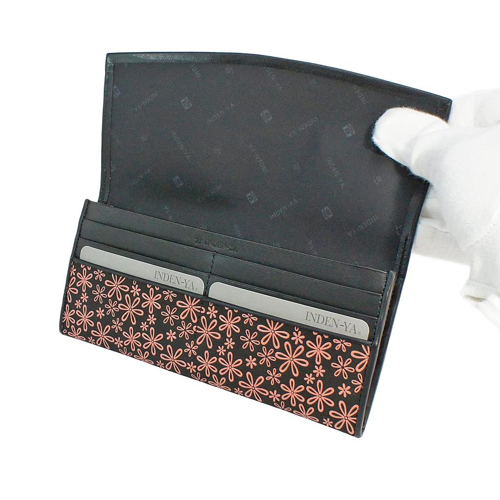 Inden Langes Geldbörsenbündel T Dünnes Hirschleder Schwarz x Rosa Lack Schneegrasmuster [Indenya] 2311-51-160