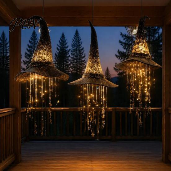 Lighted Outdoor Porch Decorations Light Up Witch Hat Hanging Lamp, Glowing Halloween Ornament with Twinkling Star String Lights Stars Moon,