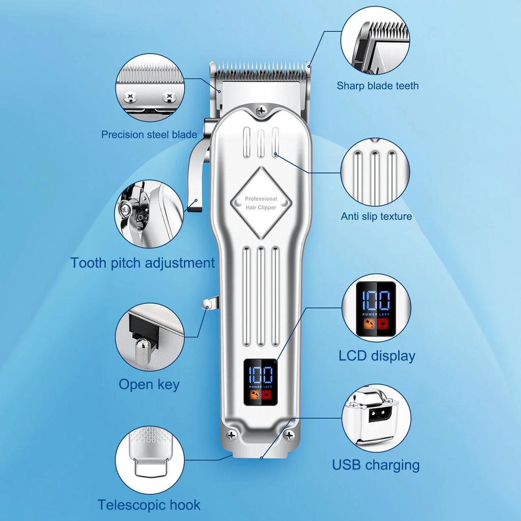 Electric Hair Clippers for Men Cordless Beard Trimmer Kit Bald Head Shaver Haircut Kit for Barber with LCD Display 9 Guide Combs