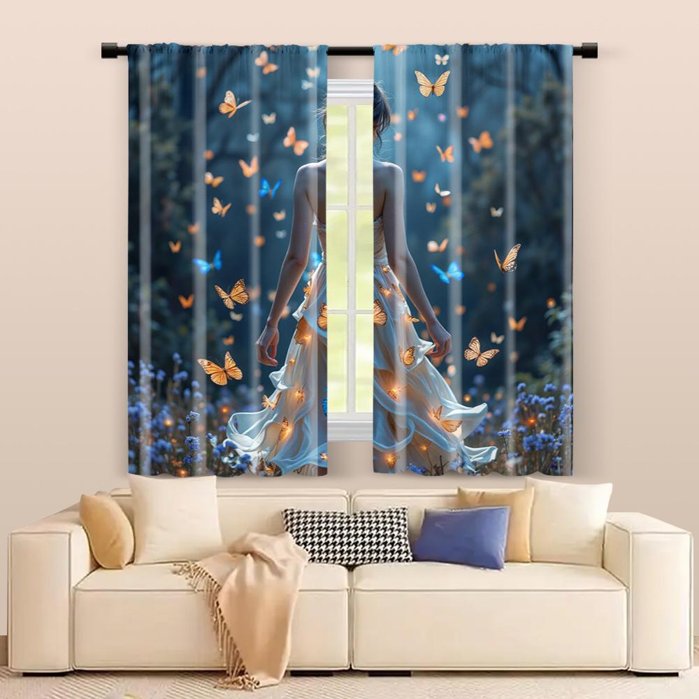 2 pcs   filtering curtains (excluding rods   non-movable   without batteries) Serene Woman with Butterflies for use in bedrooms and