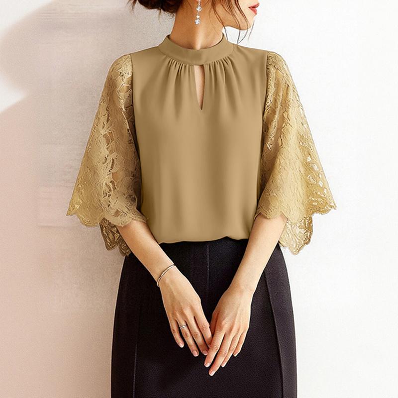 ZANZEA Bluză de damă cu gât rotund, dantelă aplicată și mâneci trei sferturi