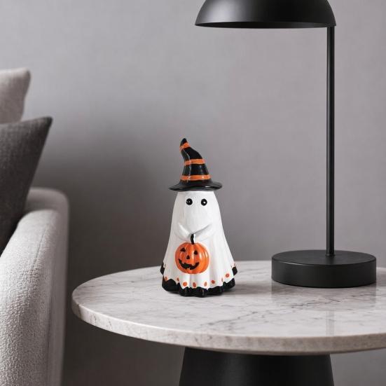 Yousheng Halloween Ghost Figurine with Witch Hat, Cute Small Resin Ghost Holding Pumpkin Statue for Home Table Shelf Desk Decor