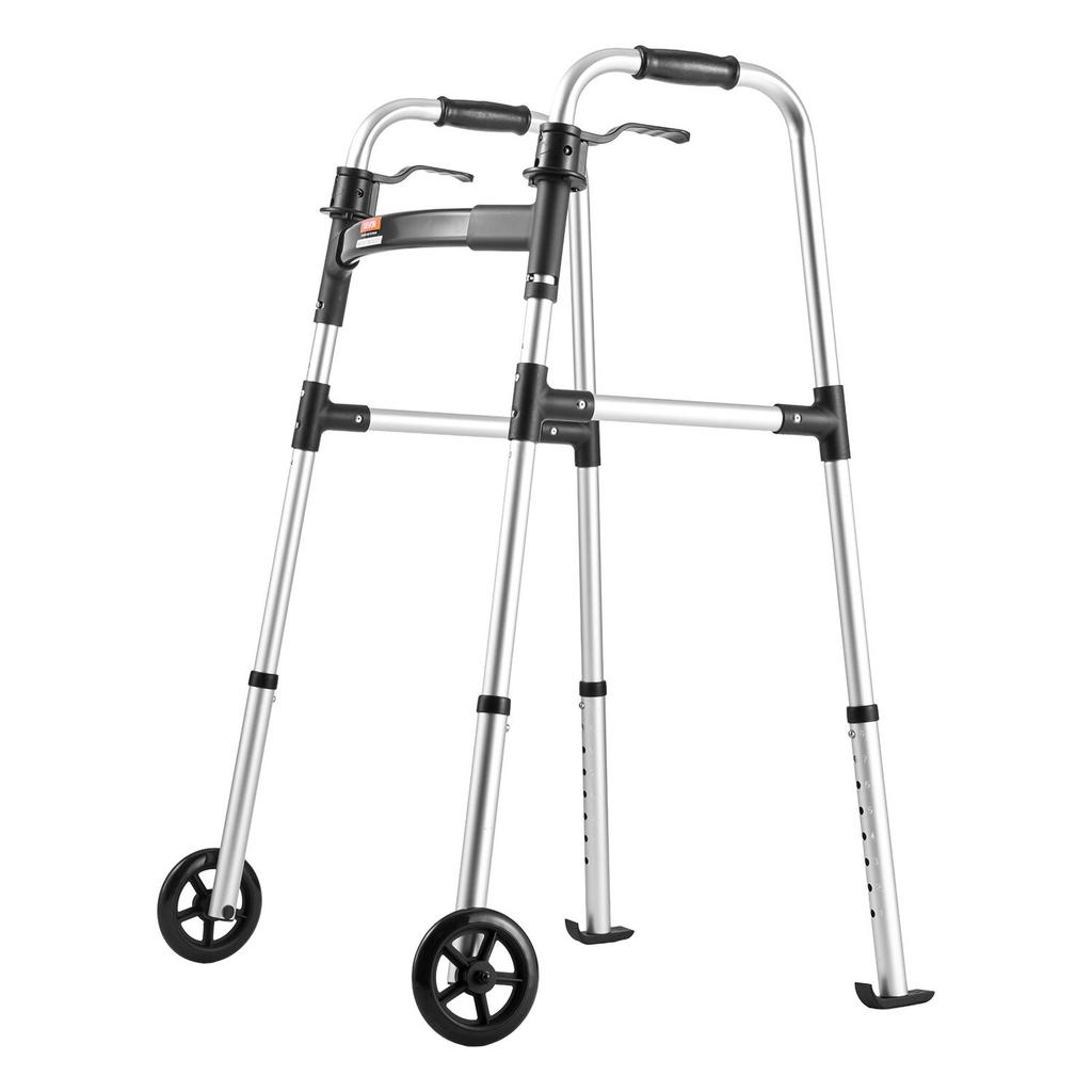 Folding Walker, 2-Button Foldable Walker with Solid Wheels & 8-Level Adjustable Height, 159KG Loading Lightweight Aluminum Mobility Walking Aid,