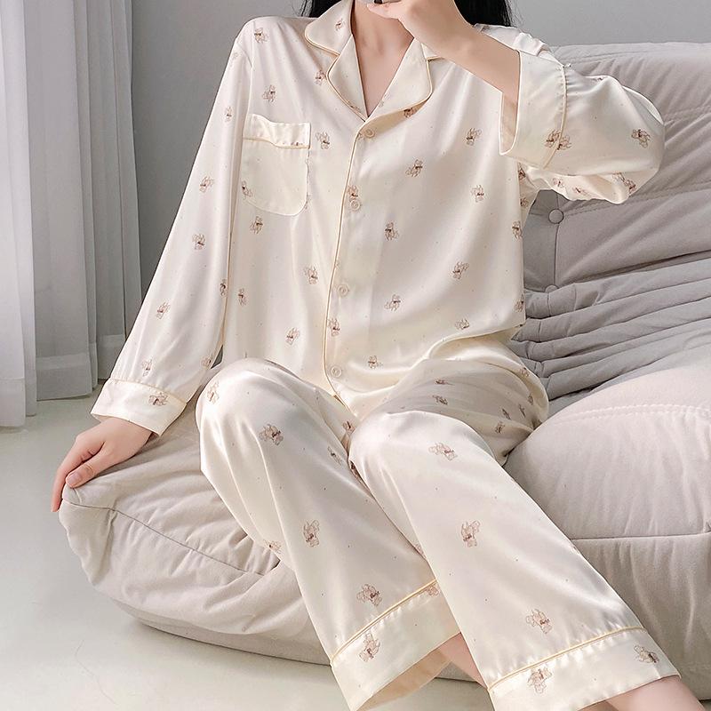 Women's Age-Defying Ice Silk Doll Print Pajama Set - Long Sleeve Autumn Sleepwear