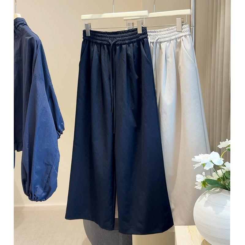 Elastic waist lace-up casual pants women's autumn new solid color loose and thin versatile simple straight wide-leg pants