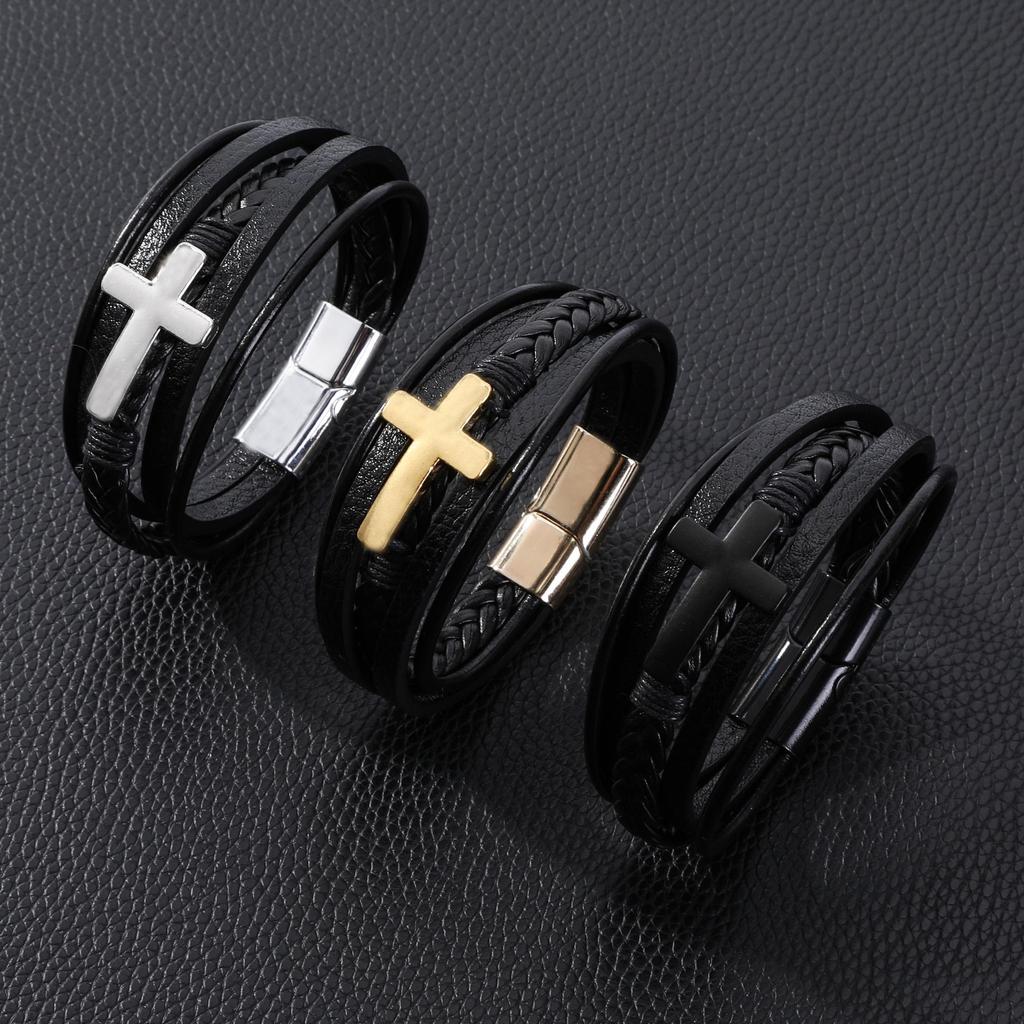 Temu Leather Cross-Style Multi-Layer Woven Bracelet with Alloy Laser Design