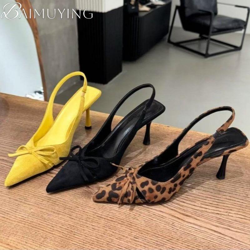 Fashion Leopard Sexy Pointed Toe High Heels Shoes Women Sandals Bow Slippers Slingback 2025 Summer Trend Dress Woman Brand Sandalias