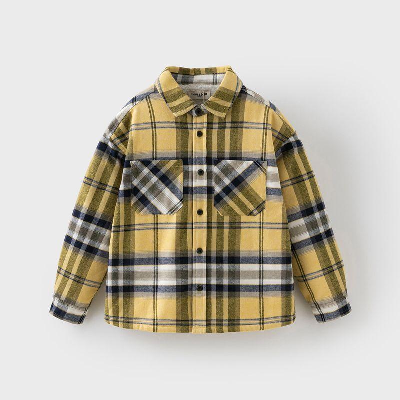 David Bella Boys  Fleece-Lined Shirt Children s Plaid Shirt 2026 Winter New Style Boys  Top Jacket Children s Clothing Yellow Grid [Ready in Stock] 160