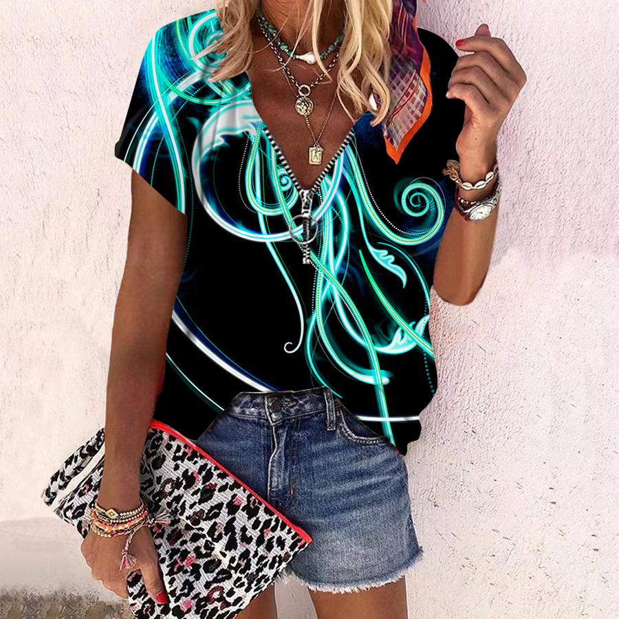 Women's Top Summer New Fashion Rose Flower Blue Light Printed Casual Zipper V-neck Short Sleeve Top