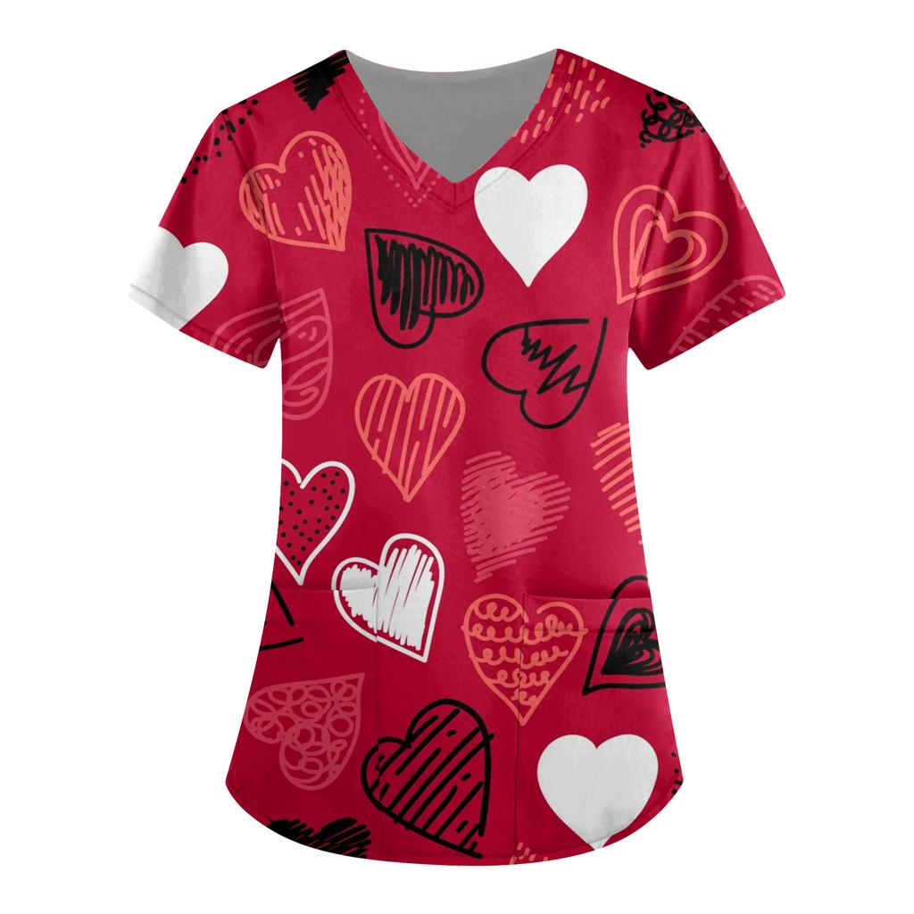 Women's Fashion Print Short-Sleeved V-Neck Tops Nurses' Uniforms