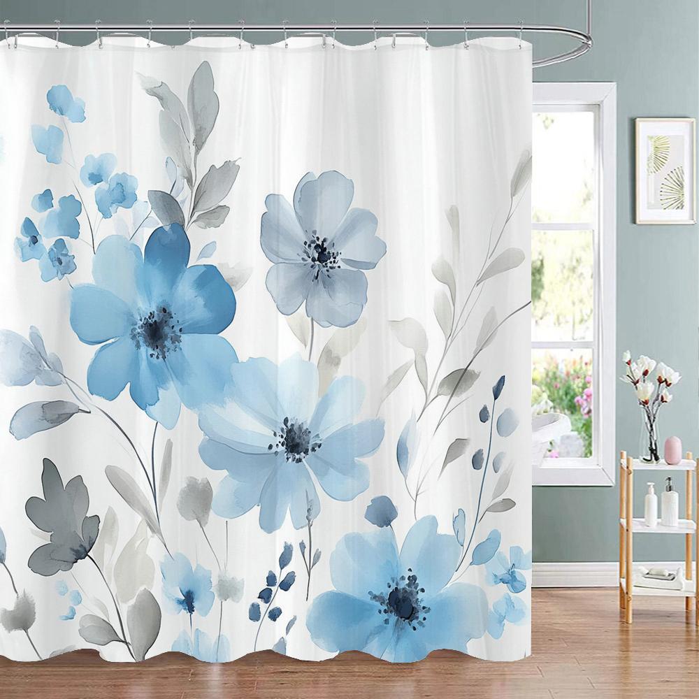 Modern Watercolor Blue Flowers Print Shower Curtain, Polyester Shower Curtain with Hooks for Bathroom Decorative Shower Curtain