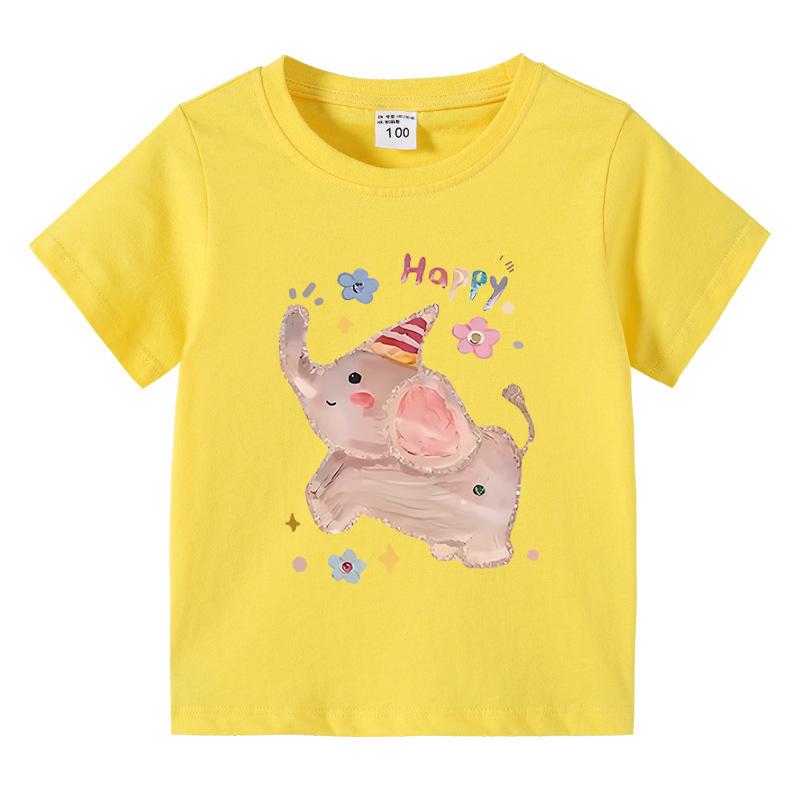 Girls TShirt Cute Elephant Print Short Sleeve Tee 100 Cotton Soft Breathable Summer Tops for Kids Children